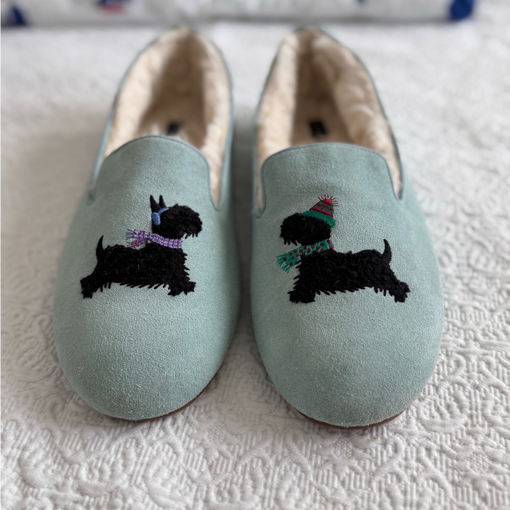 Talbots Cozy Dog Embroidered Slippers - Green blue suede